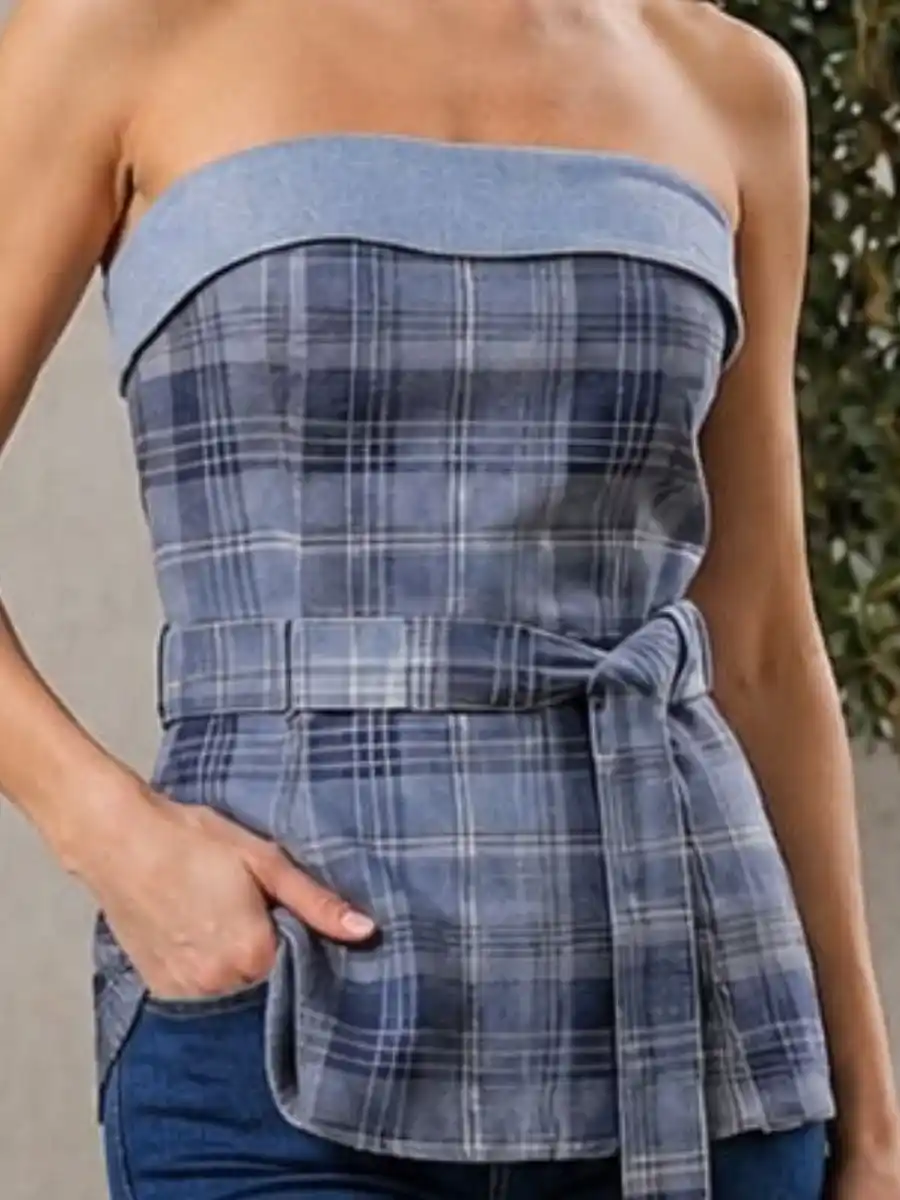 ModaFesta -blue-plaid-denim-trim-strapless-top