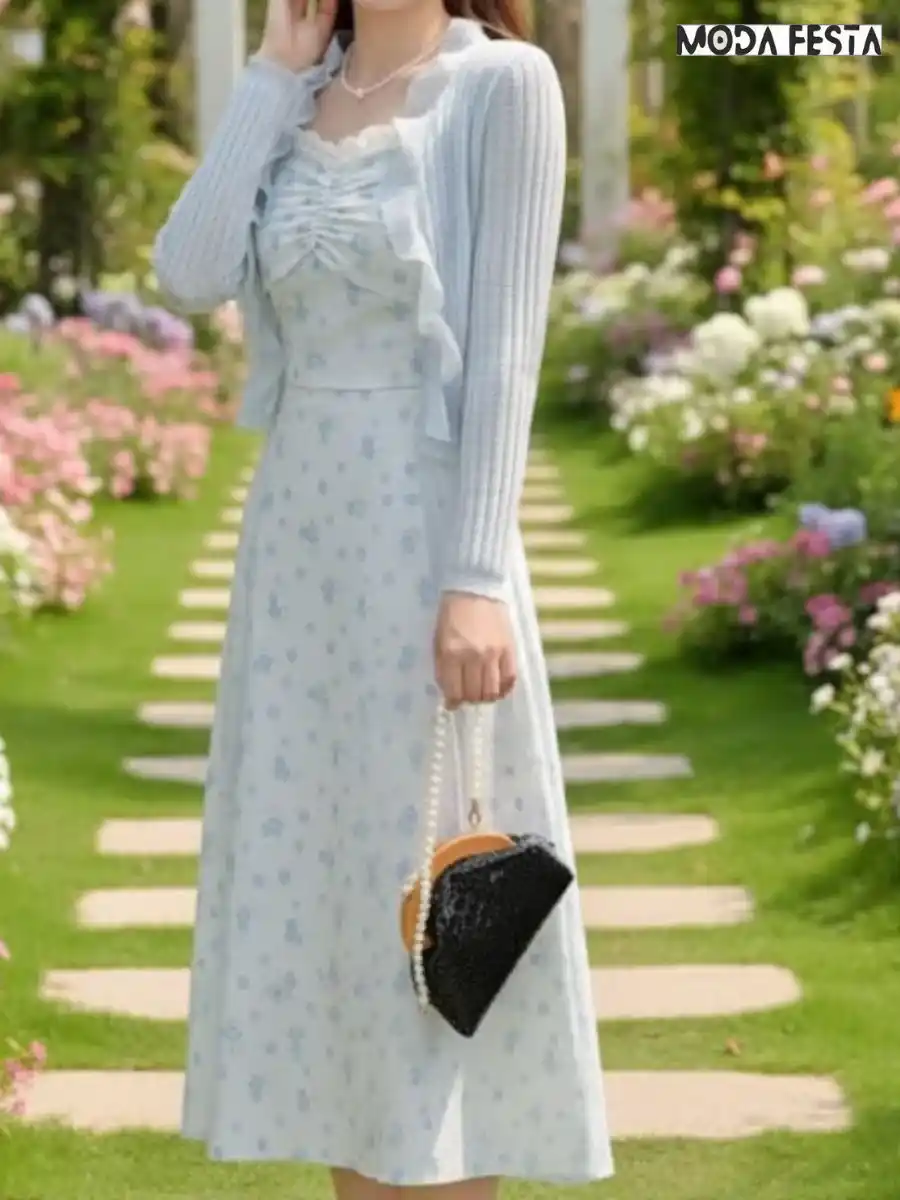 ModaFesta -elegant-floral-print-dress-with-shrug-sky-blue