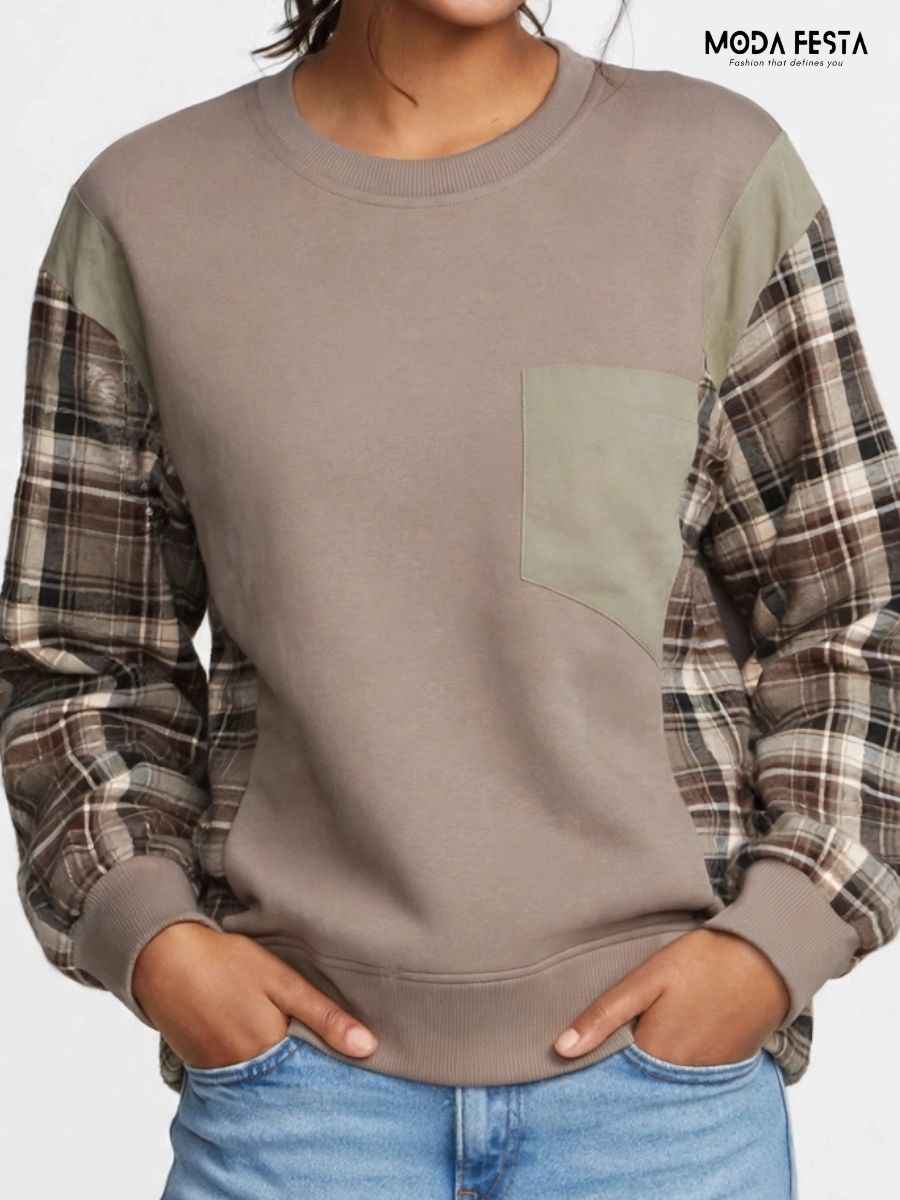 Plaid Patchwork Pocket Knit Sweatshirt