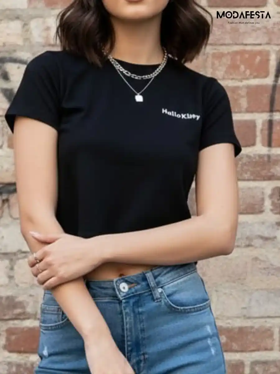 ModaFesta -elegant-hello-kitty-print-crop-t-shirt-black
