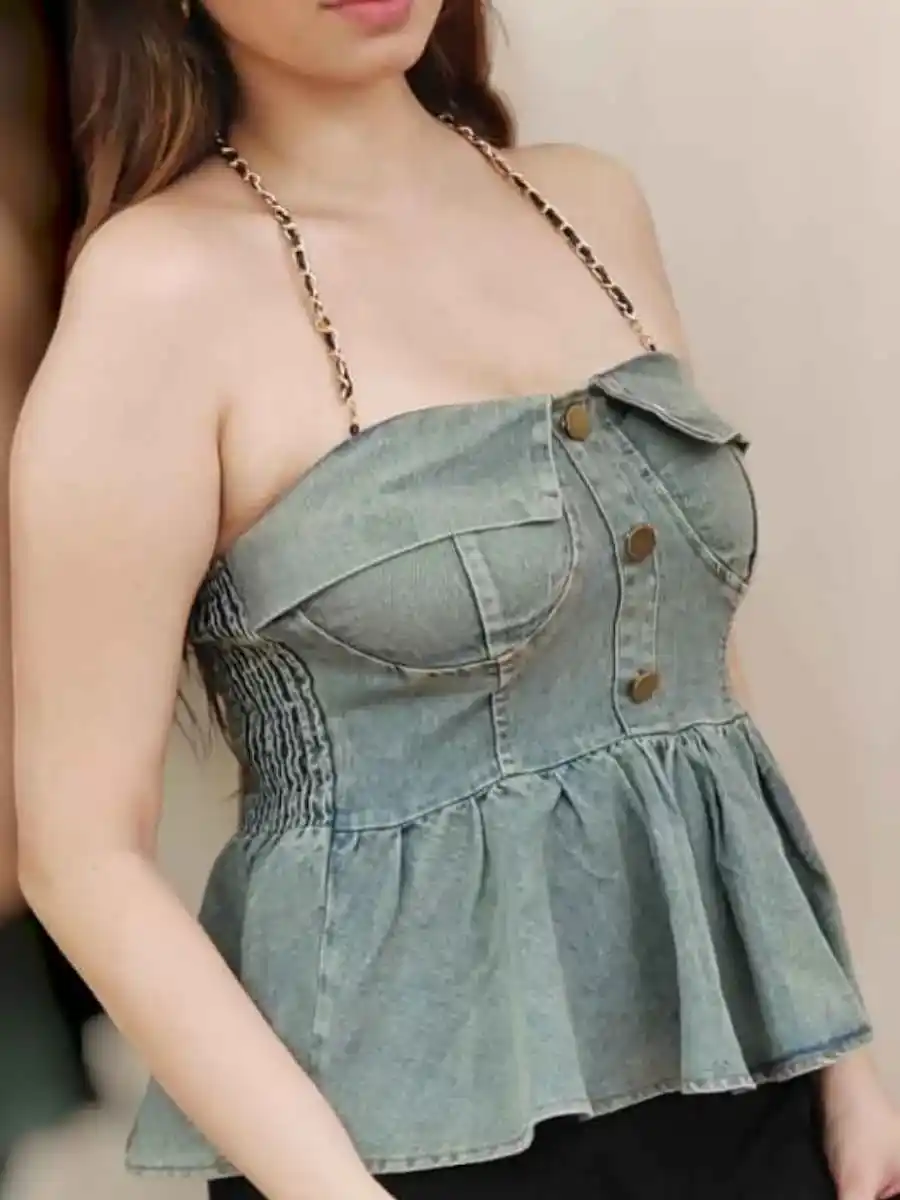 ModaFesta -chain-halter-neck-denim-top-green