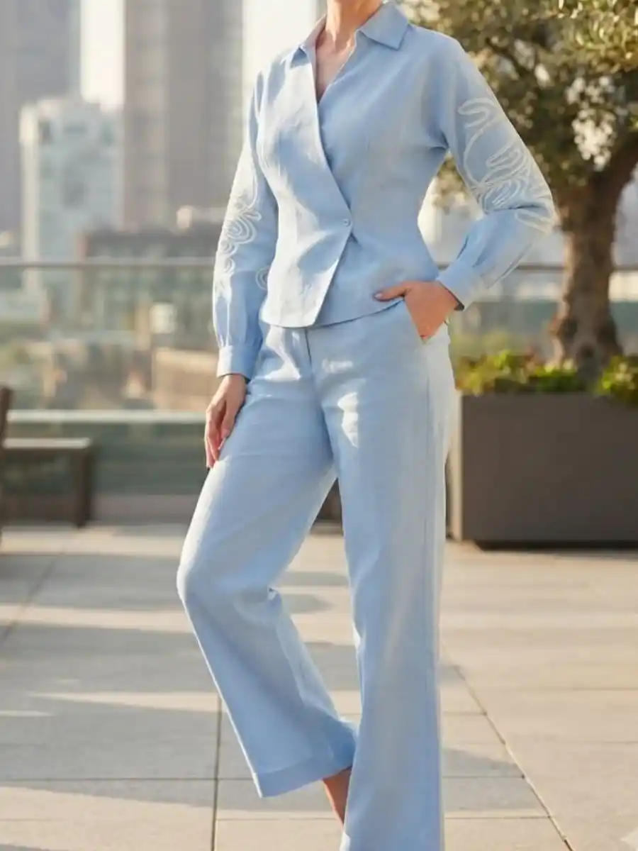 ModaFesta -light-blue-embroidered-sleeve-wrap-top-straight-pants-coord-set