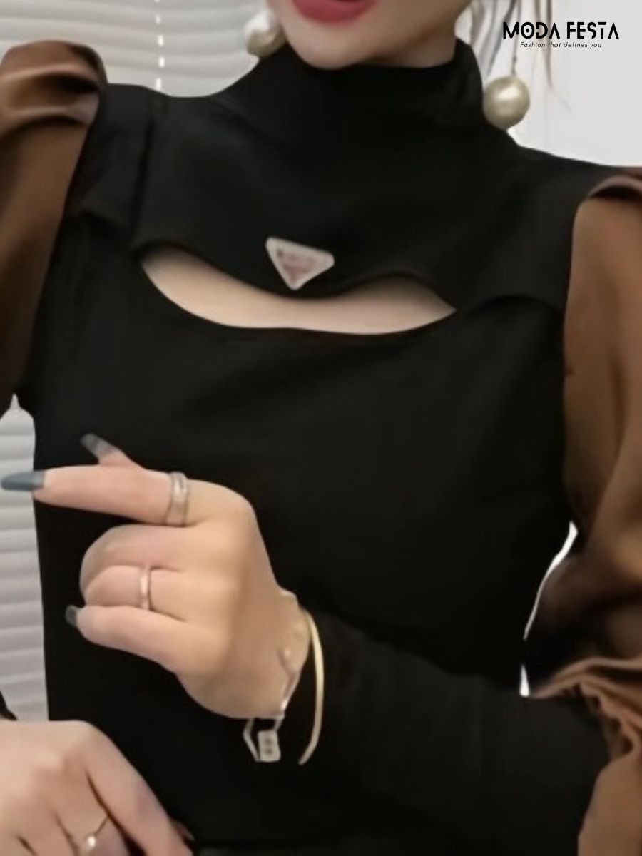 ModaFesta -black-brown-cut-out-mock-neck-top