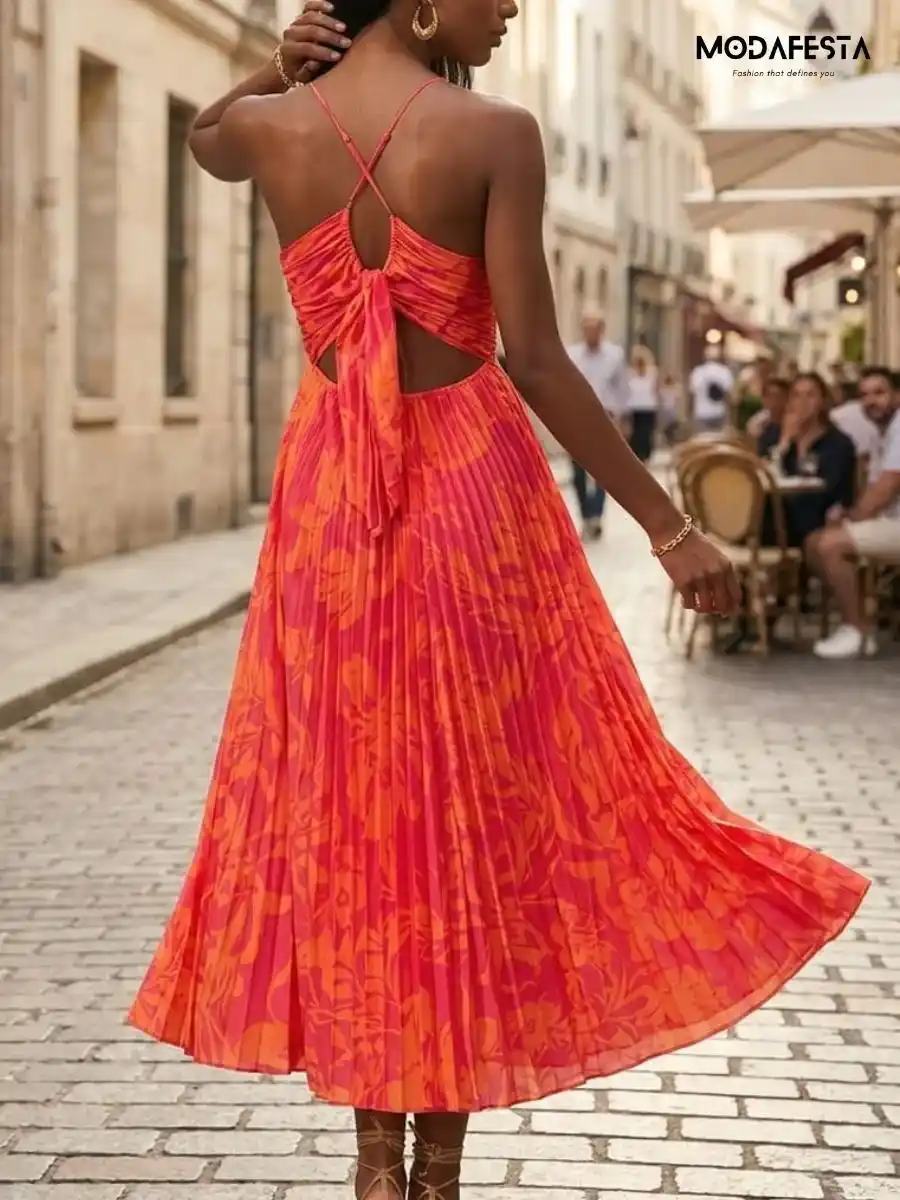 ModaFesta -elegaant-pleated-v-neck-maxi-dress-with-back-knot-orange