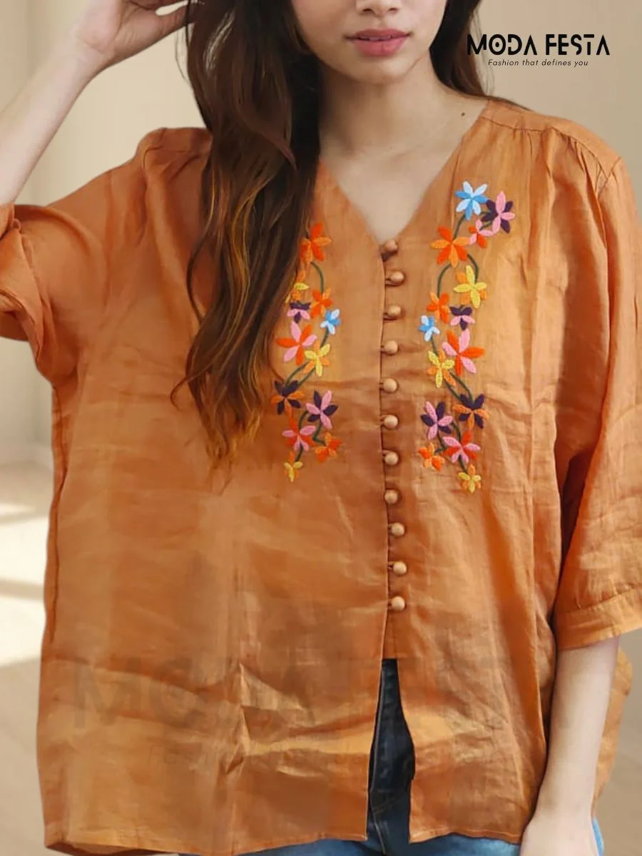 ModaFesta -embroidered-linen-v-neck-top-orange-mid-lenght