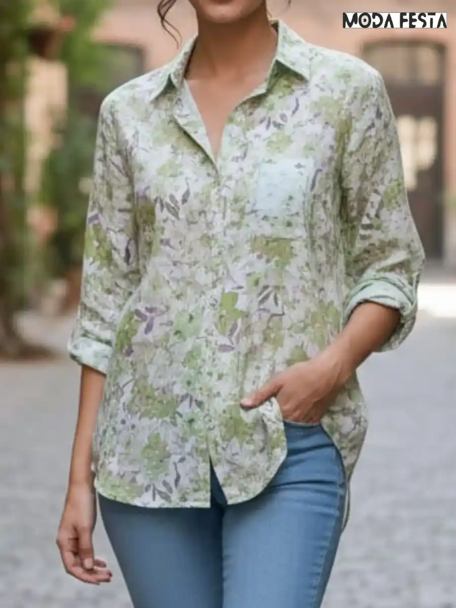 Elegant Floral Print Linen Shirt