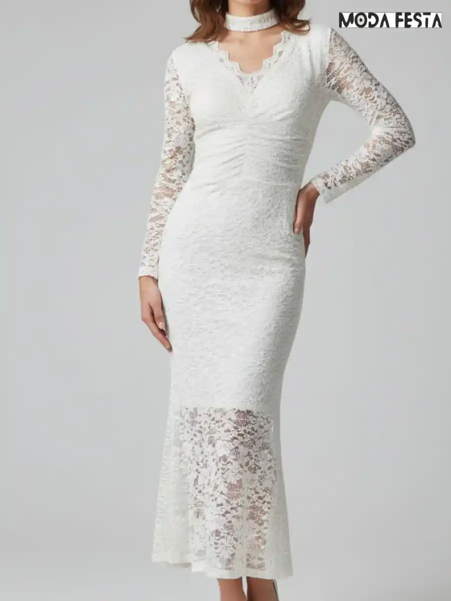 ModaFesta -elegant-v-neck-bodycon-lace-dress-white