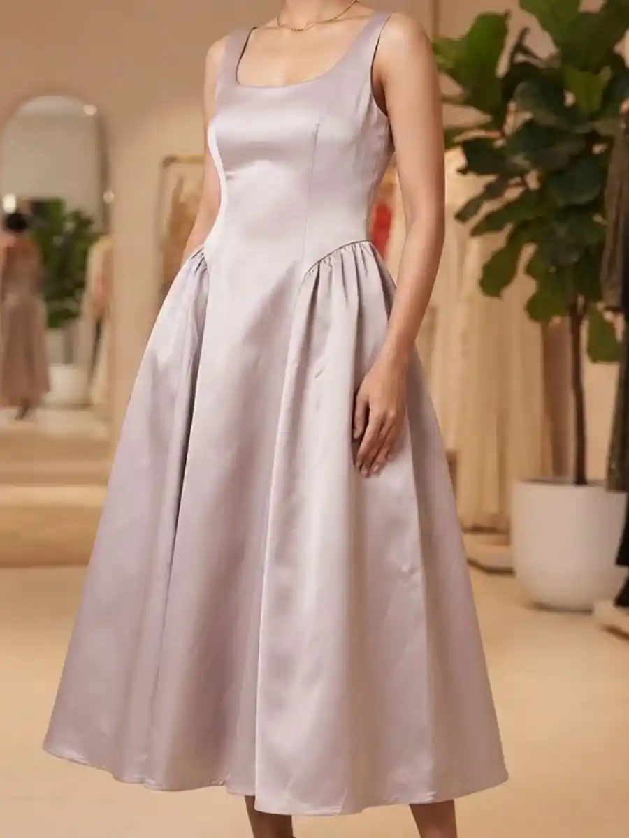 Elegant Square-Neck Satin Midi Dress