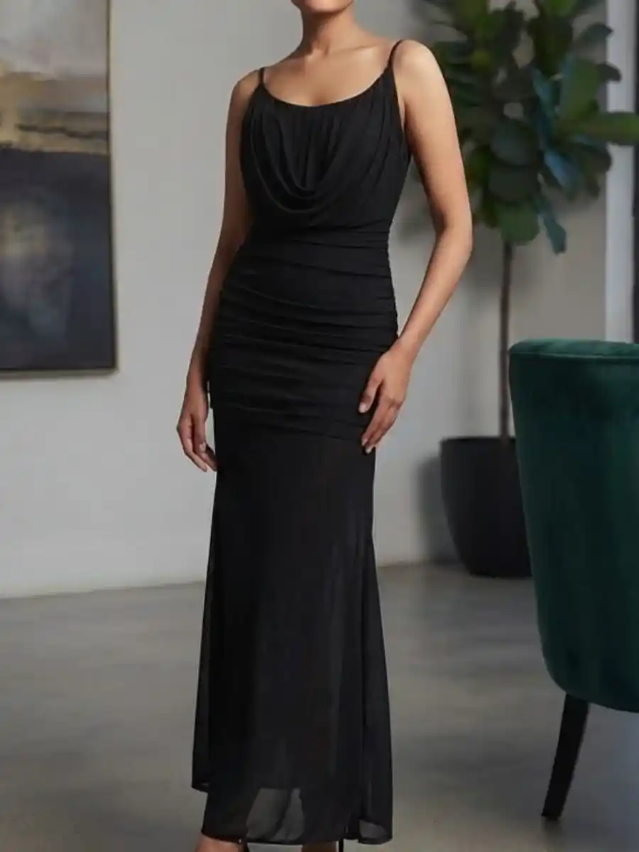 Elegance Black Cowl Neck Ruched Maxi Dress
