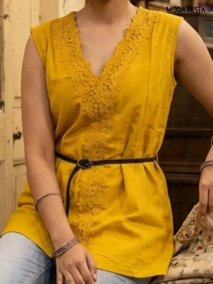ModaFesta -mustard-yellow-sleeveless-tunic-with-lace-trim