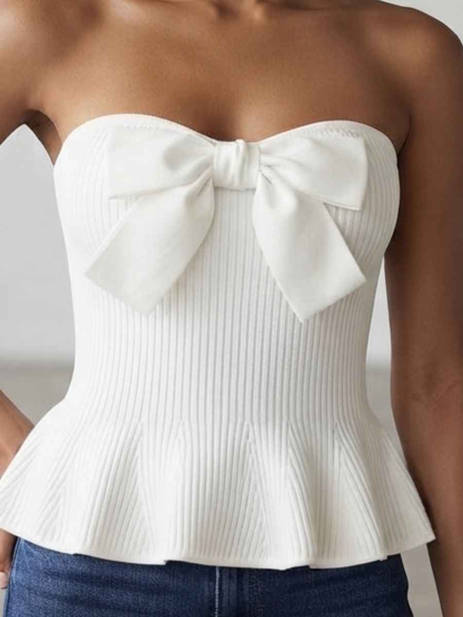 White Ribbed Bow-Accent Peplum Top