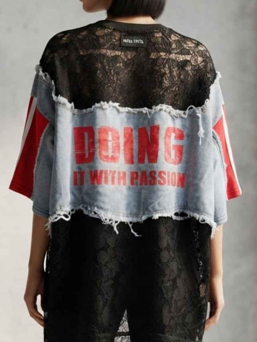 ModaFesta -red-black-patchwork-denim-lace-statement-top