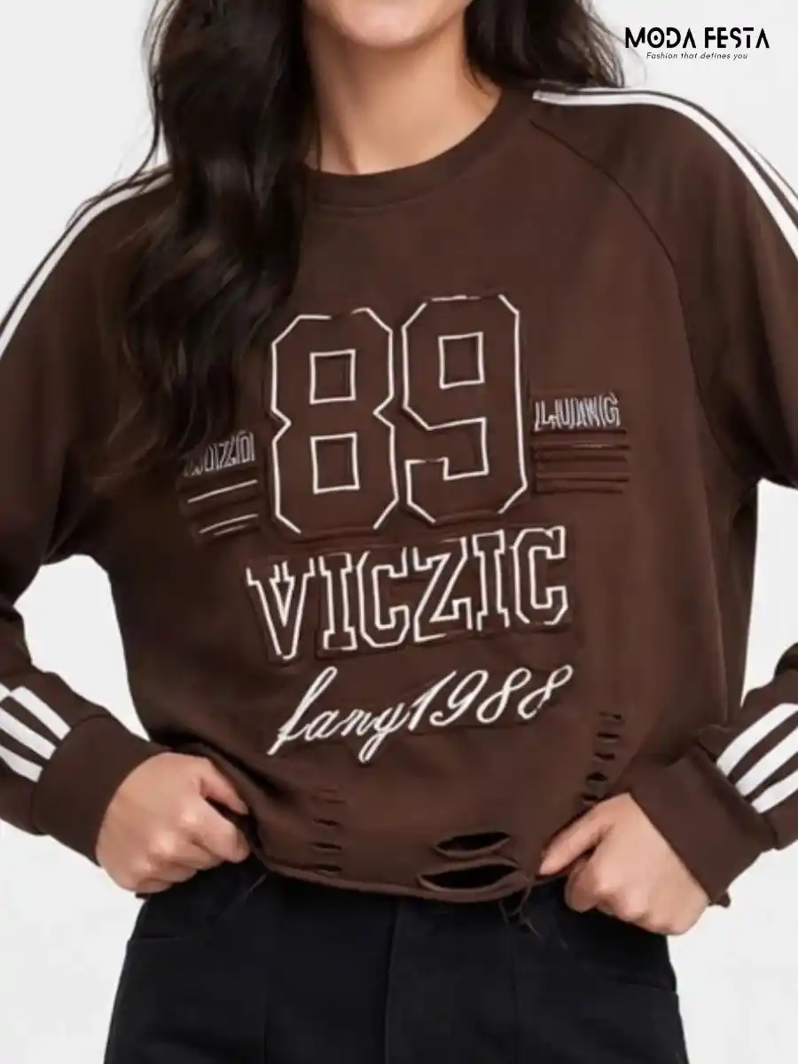 Graphic Distressed Striped Sleeve Sweatshirt