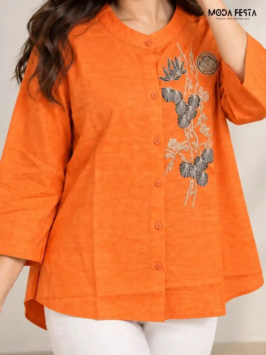 Orange Floral Embroidered Mandarin Collar Top