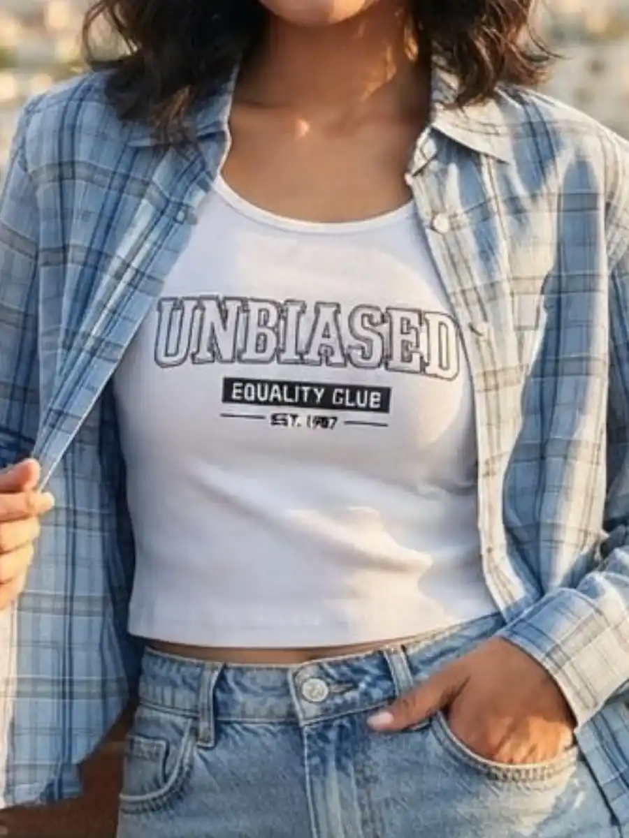 Unbiased Equality Club Graphic Crop Top & Blue Plaid Shirt Layered Set