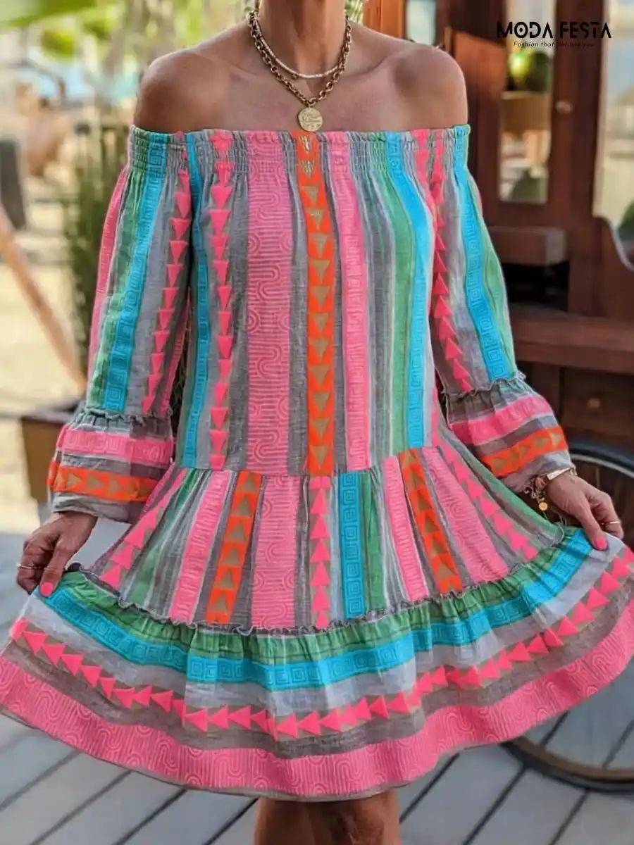 ModaFesta -flared-summer-dress-green-blue-geometric-printed