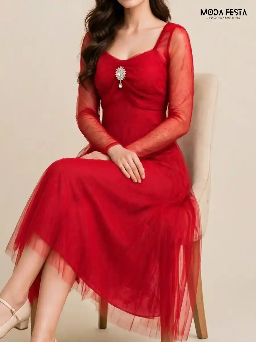 ModaFesta -red-sheer-net-midi-dress