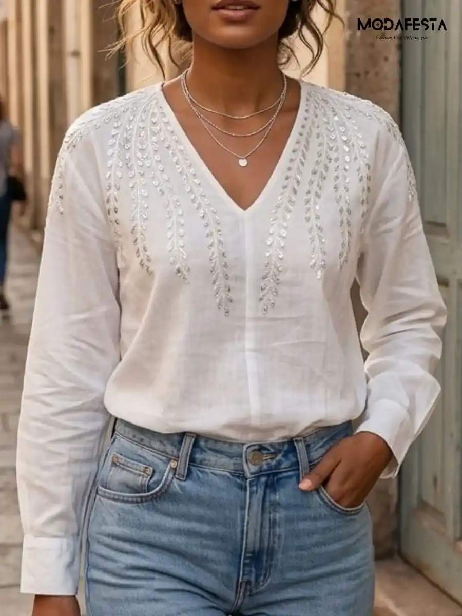 Elegant Embellished V Neck Top