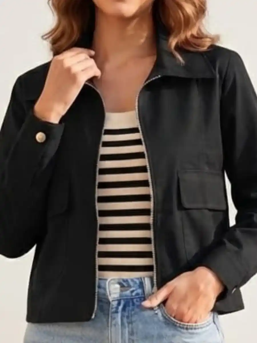 Womens Solid Black Full-Sleeve Casual Crop Jacket with Matching Inner Top