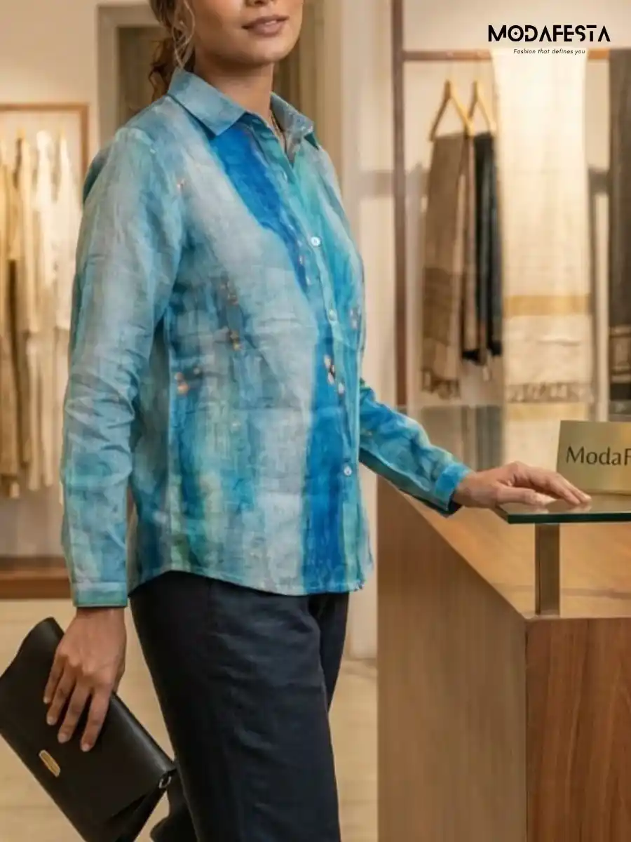 ModaFesta -elegant-abstract-print-linen-shirt-blue