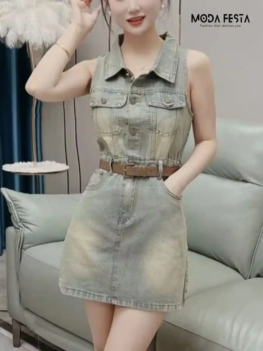 ModaFesta -retro-style-lapel-sleeveless-denim-dress