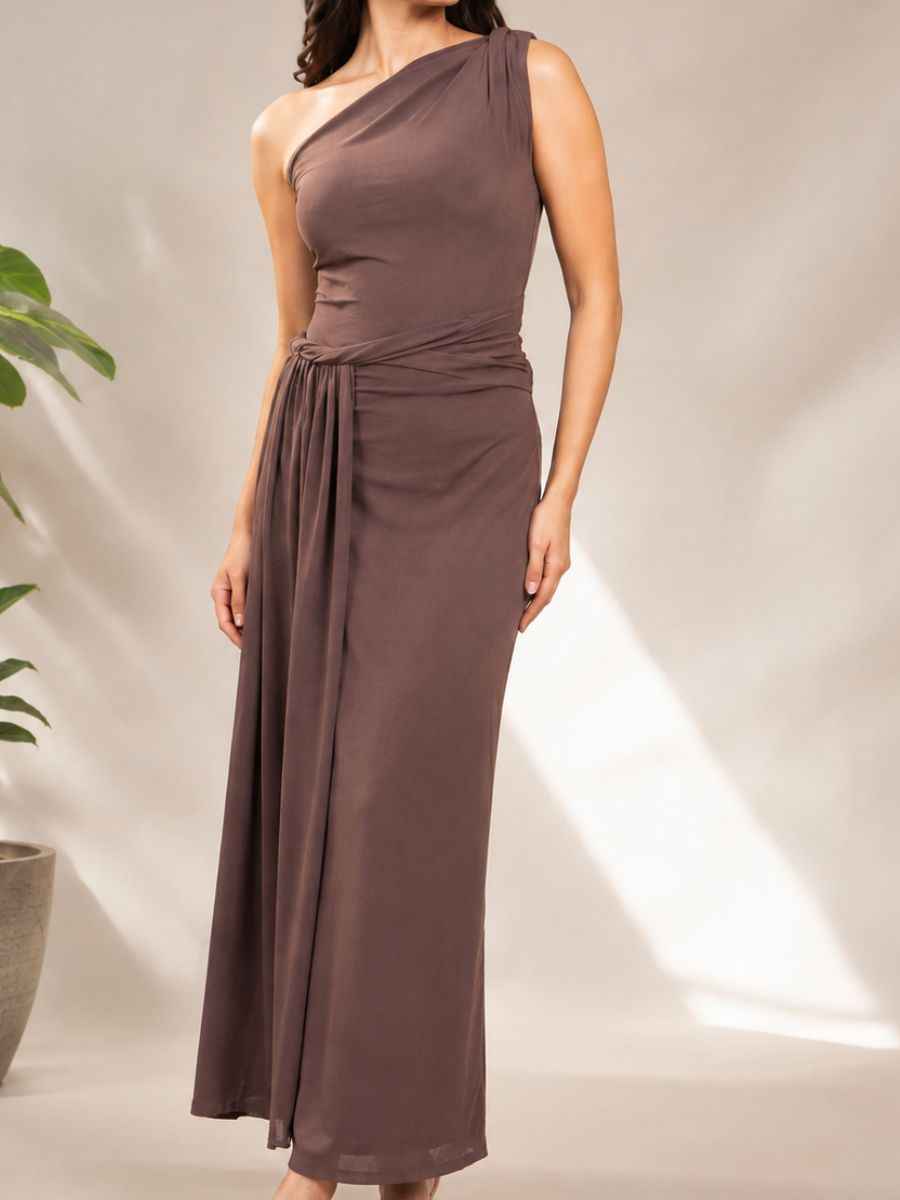 ModaFesta -mocha-one-shoulder-draped-side-maxi-dress