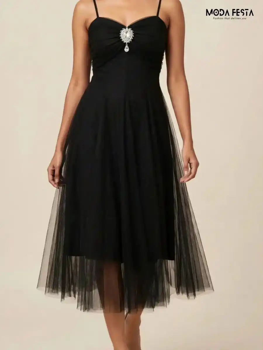 ModaFesta -black-pleated-net-midi-dress