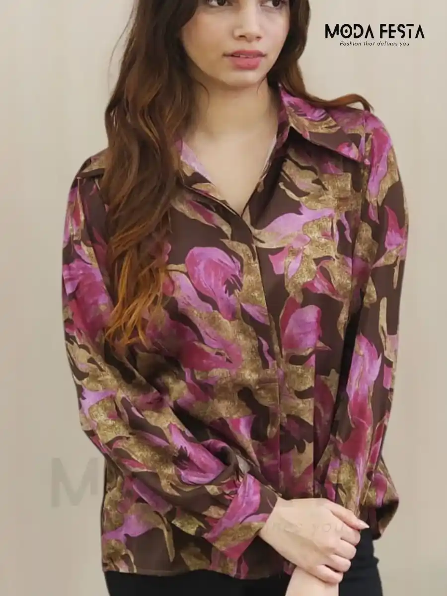 ModaFesta -floral-printed-satin-shirt-brown