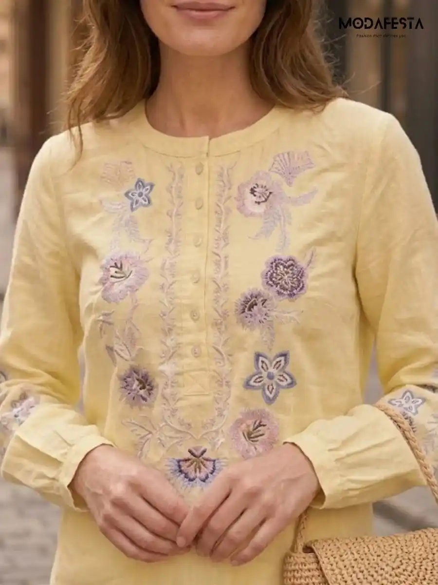 ModaFesta -elegant-floral-linen-kurti-style-top-yellow