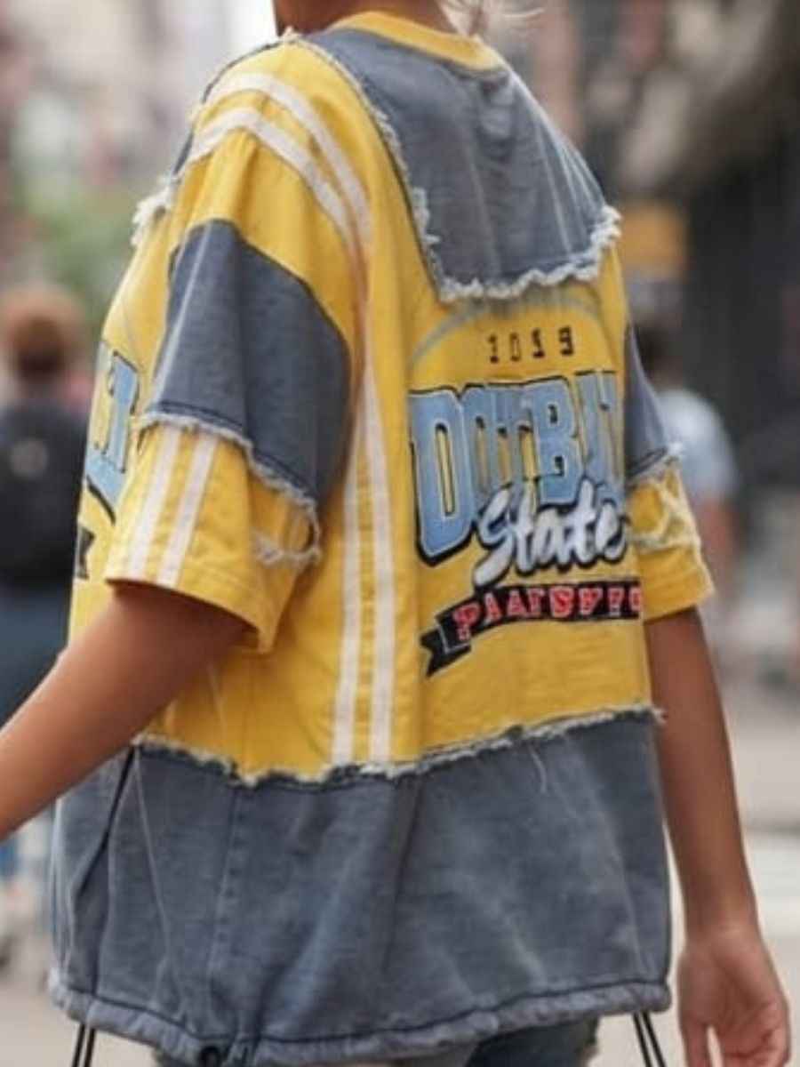 ModaFesta -yellow-grey-football-state-patchwork-oversized-t-shirt