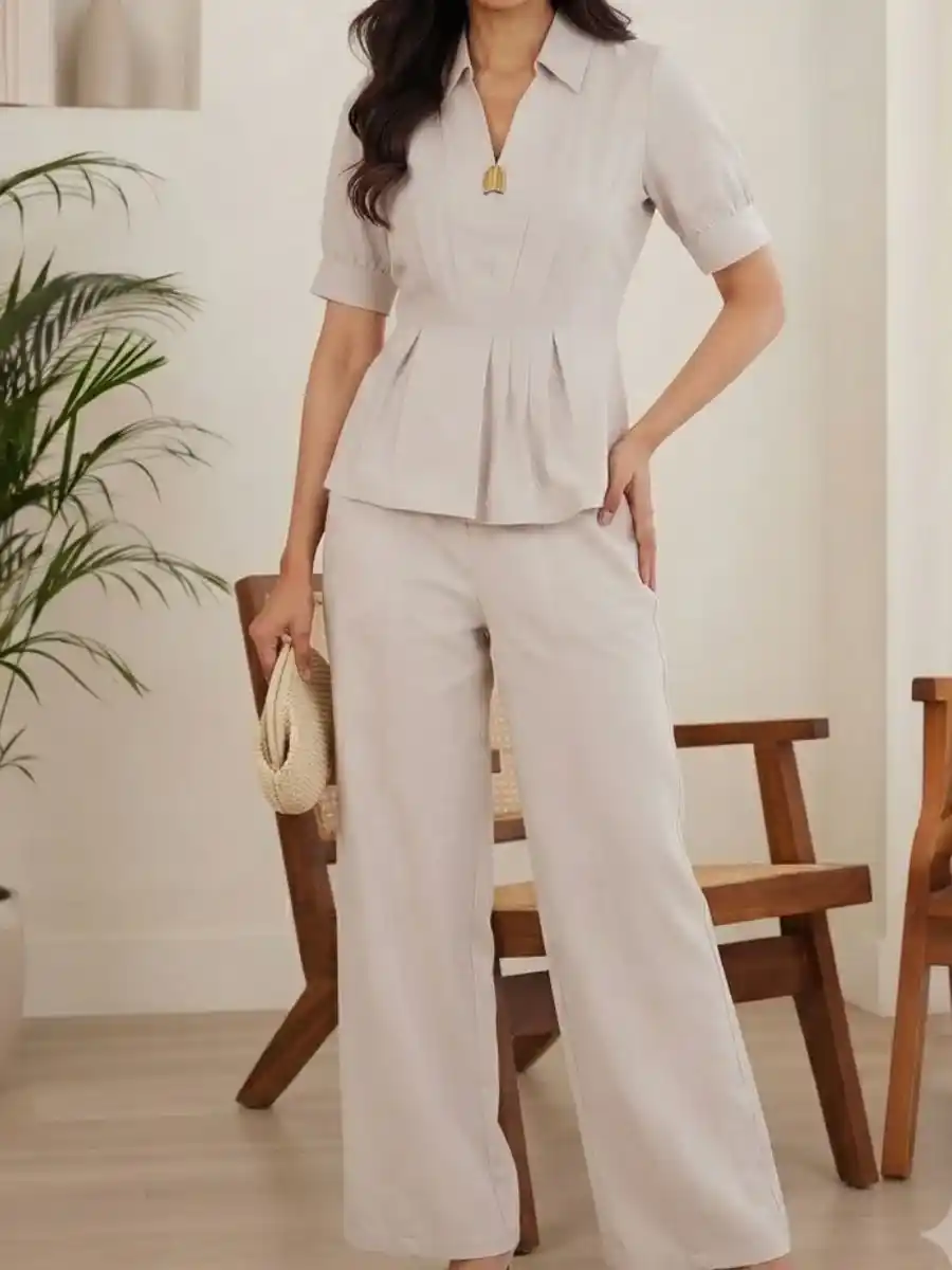ModaFesta -collared-peplum-top-wide-leg-coord-set