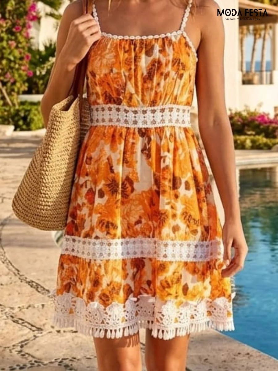 ModaFesta -floral-print-crochet-trim-tassel-mini-dress