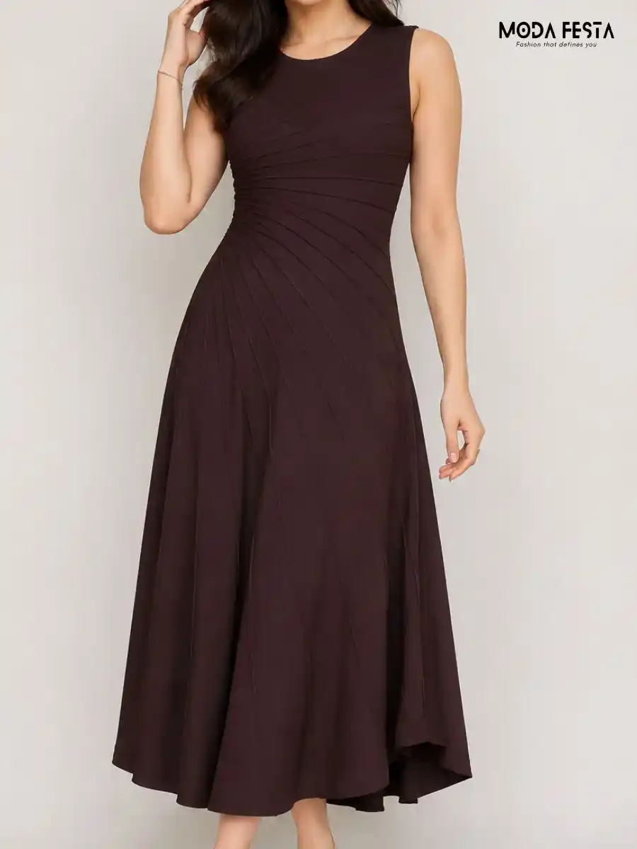 Elegant Brown Pleated Fit and Flare Midi Dress