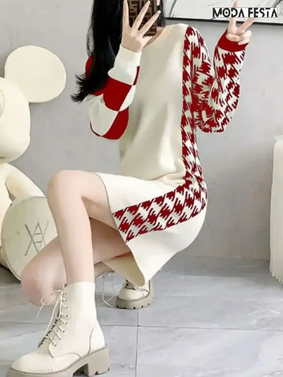 ModaFesta -knit-short-oversized-t-shirt-dress-red