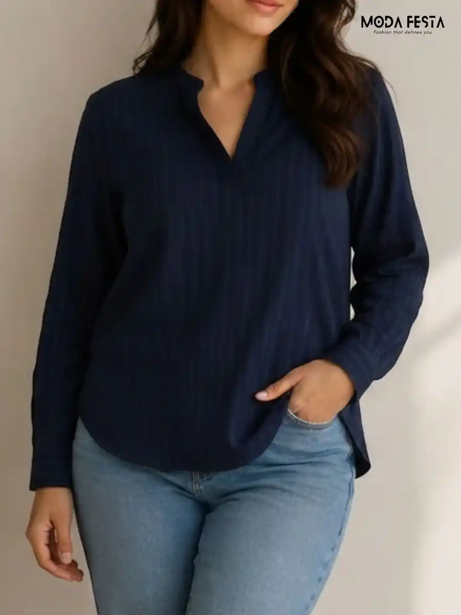 ModaFesta -navy-blue-striped-v-neck-long-sleeve-top