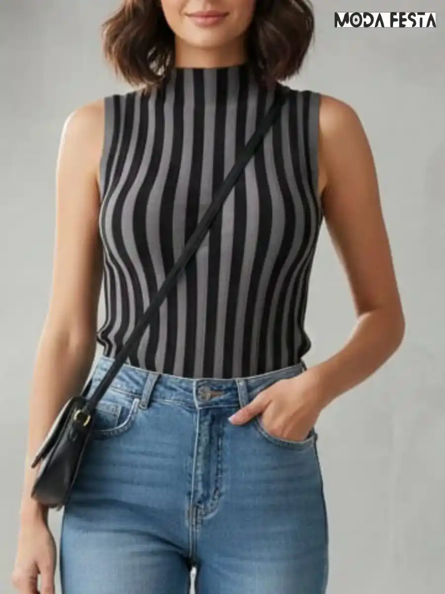 Elegant High Neck Stripes Knit Top