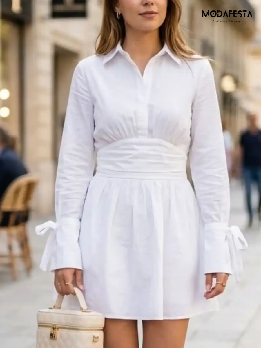 ModaFesta -classy-cotton-short-dress-sleeve-knot-style-white
