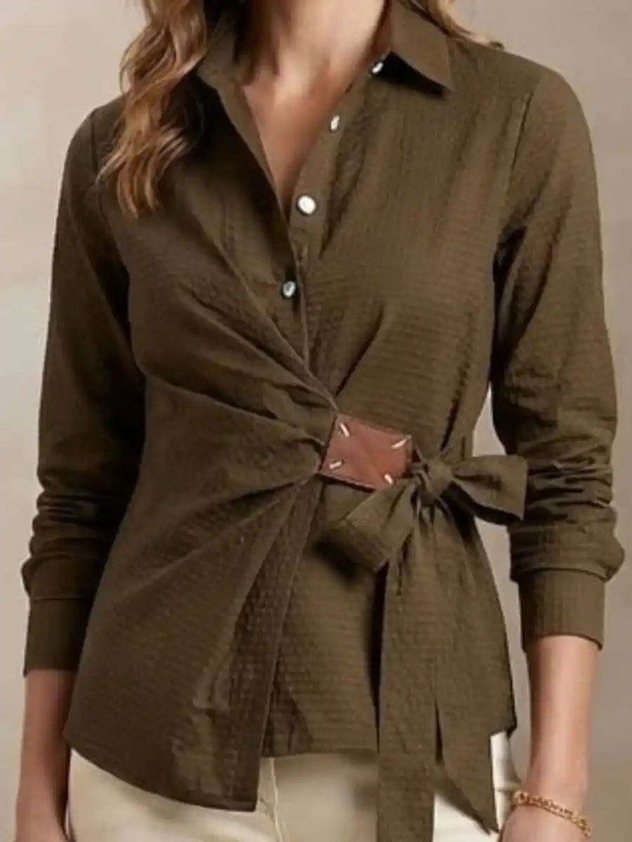 Olive Textured Wrap-Style Shirt with Bow Detail