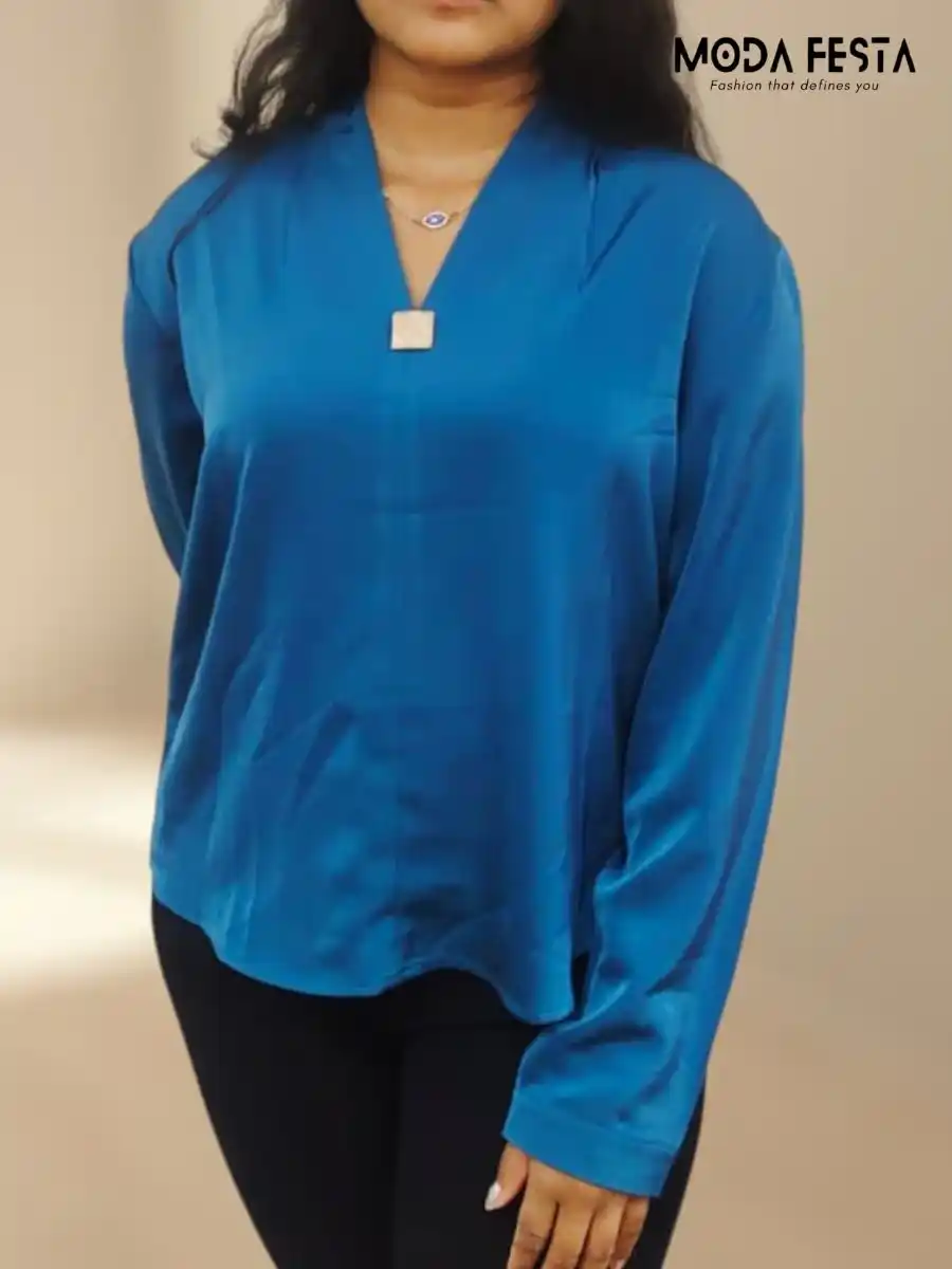 ModaFesta -elegant-v-neck-satin-top-teal-blue