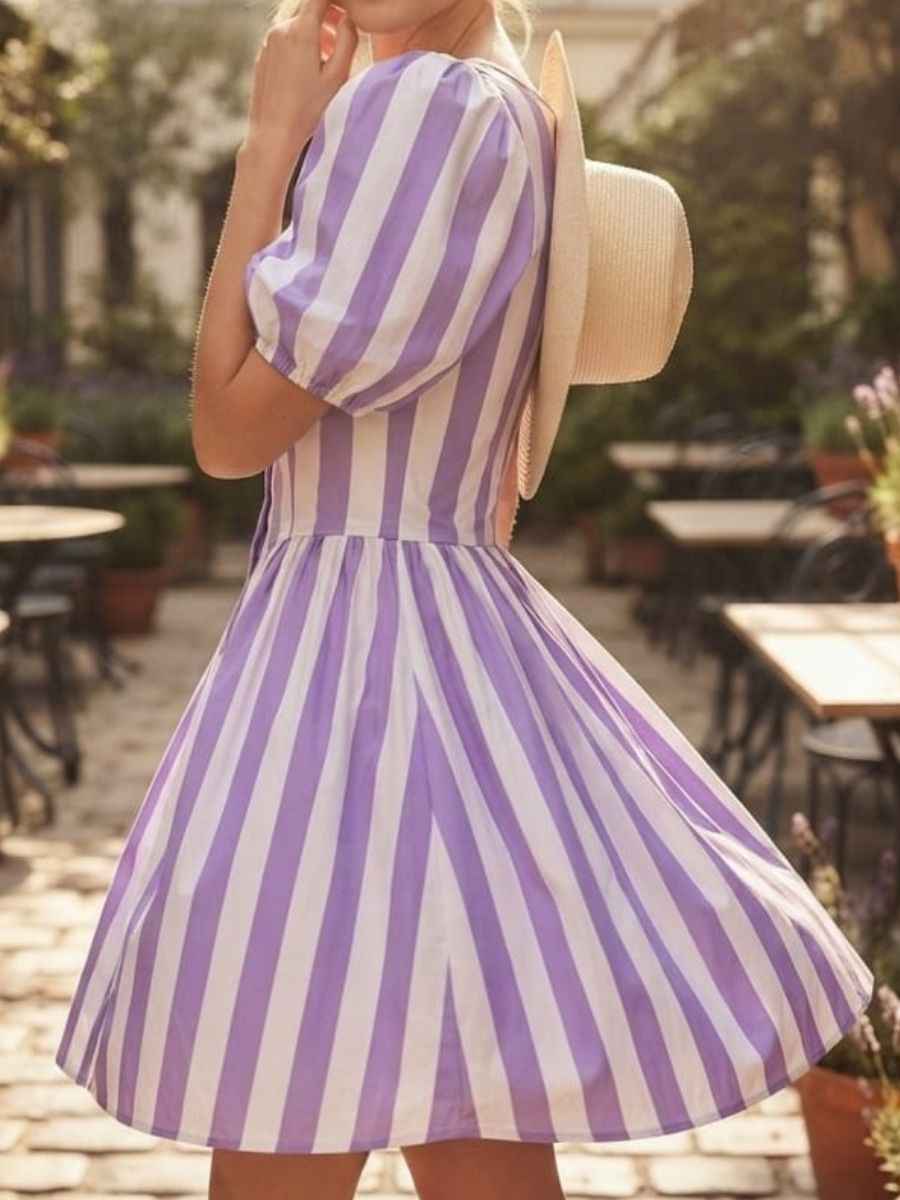 ModaFesta -purple-white-striped-puff-sleeve-short-dress