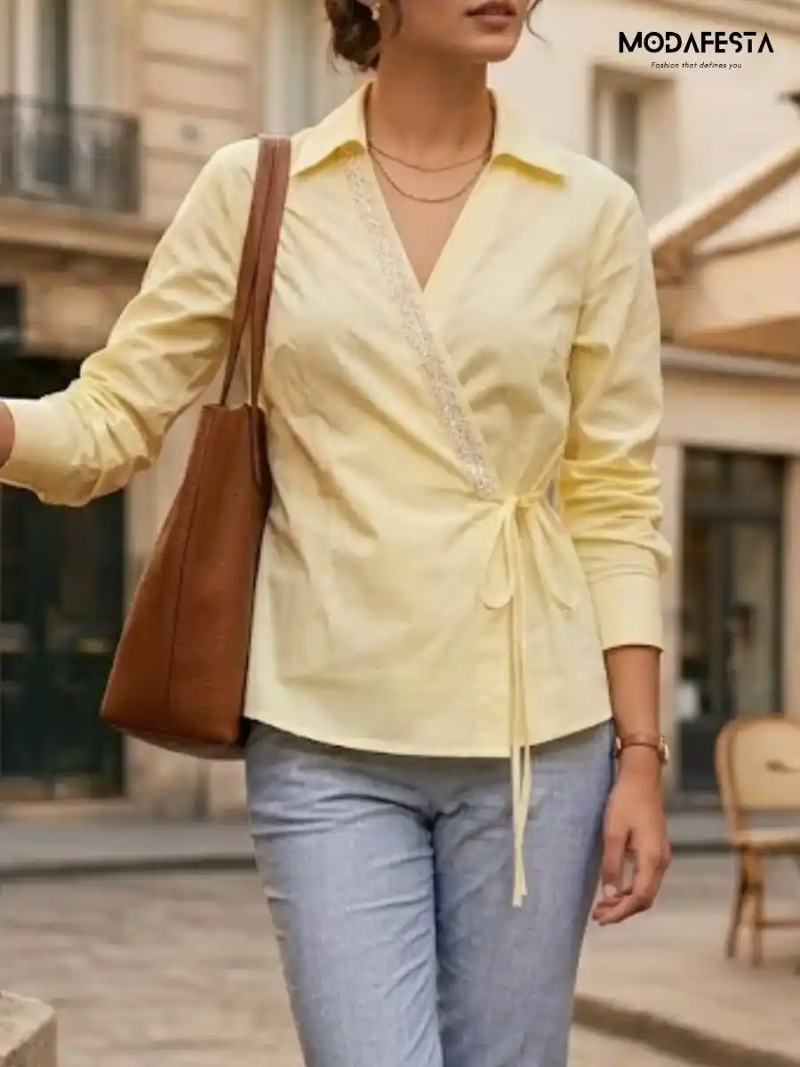 ModaFesta -elegant-v-neck-embellished-wrap-top-yellow