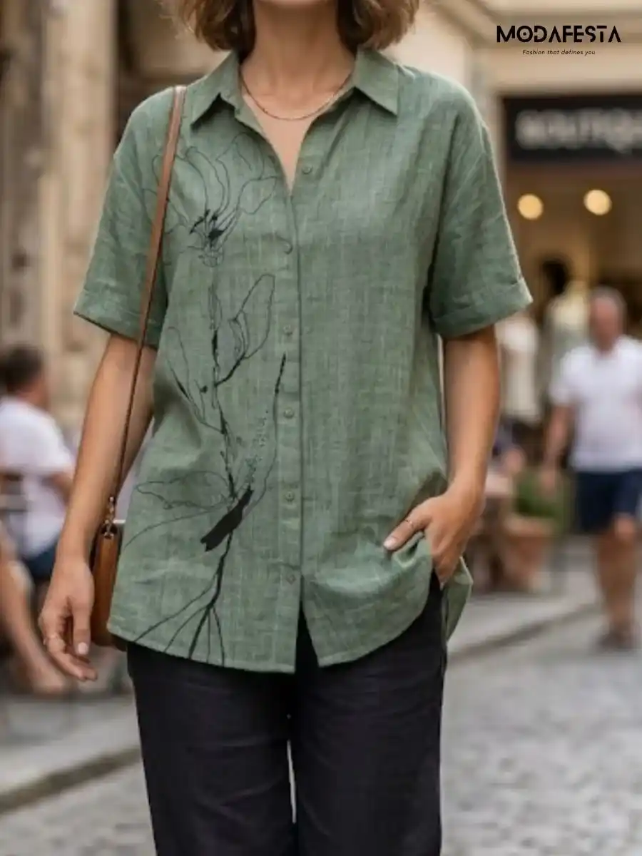 ModaFesta -classy-graphic-floral-long-linen-shirt-green