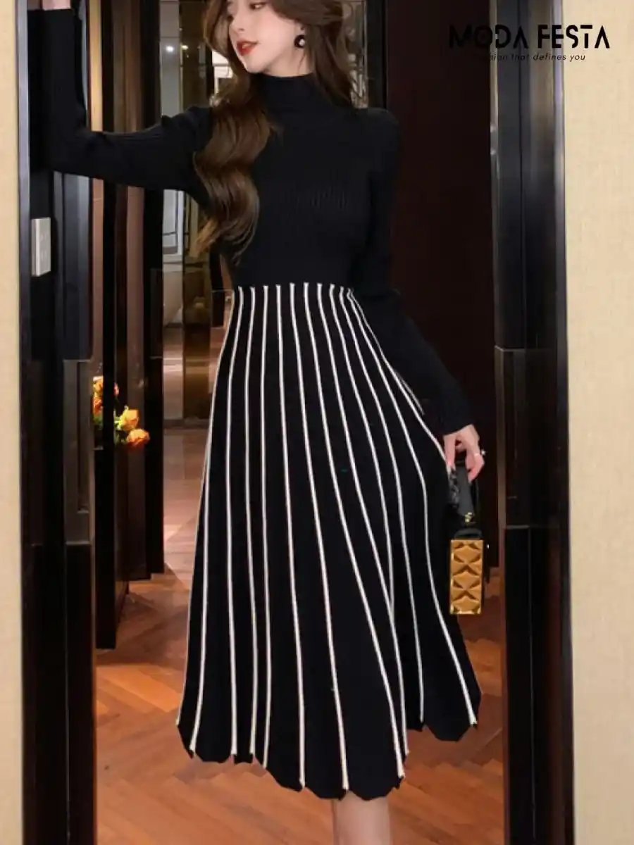 ModaFesta -elegant-stripe-high-neck-knitted-dress-black