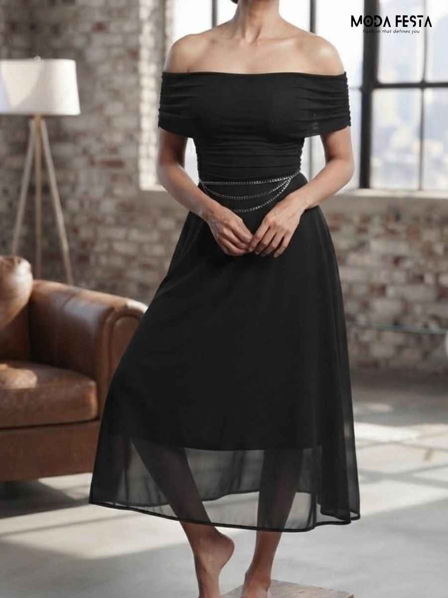 ModaFesta -off-shoulder-black-midi-dress-with-silver-chain-belt