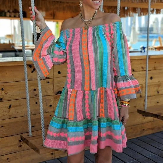 ModaFesta -flared-summer-dress-green-blue-geometric-printed