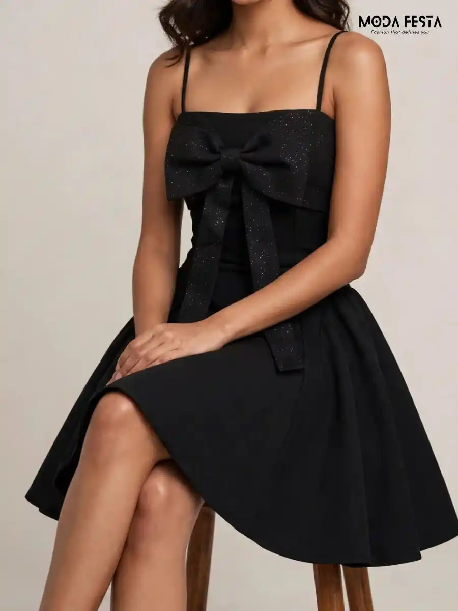 ModaFesta -bow-detailed-shimmer-a-line-dress