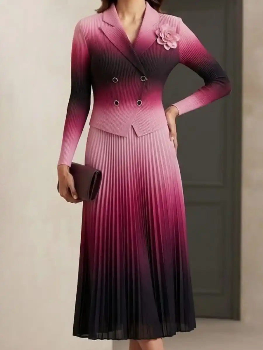 Ombre Pleated Blazer and Skirt Set