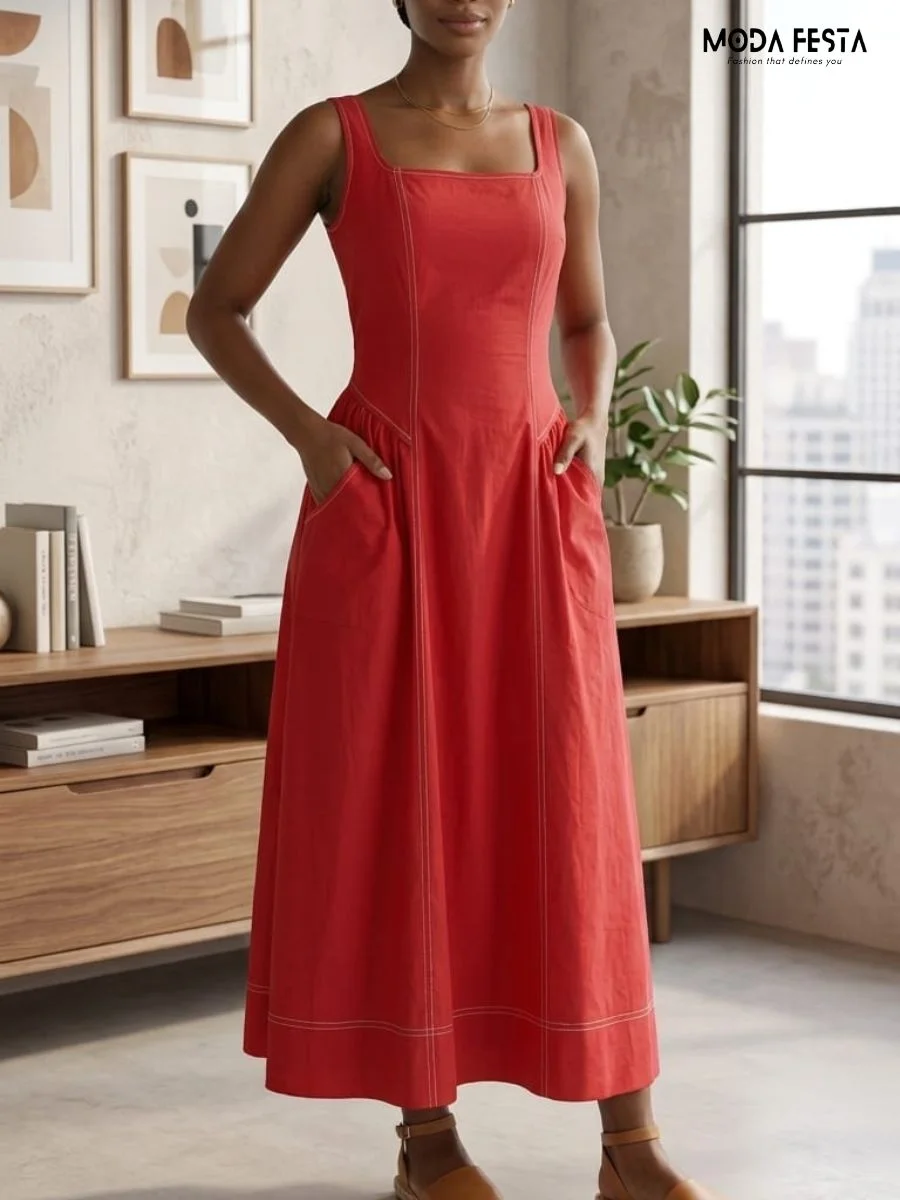 Contrast-Stitch Square Neck Midi Dress