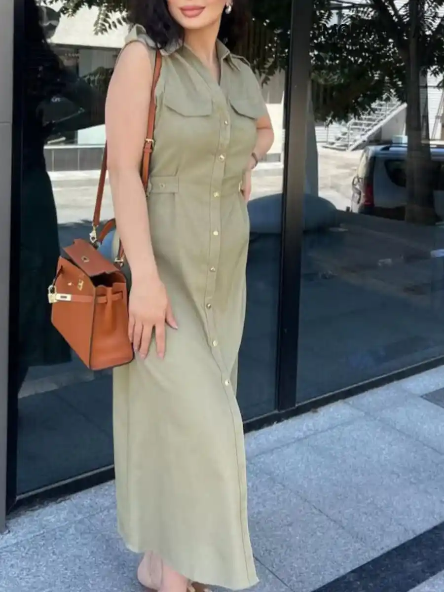 ModaFesta -elegant-linen-blend-dress-olive-green