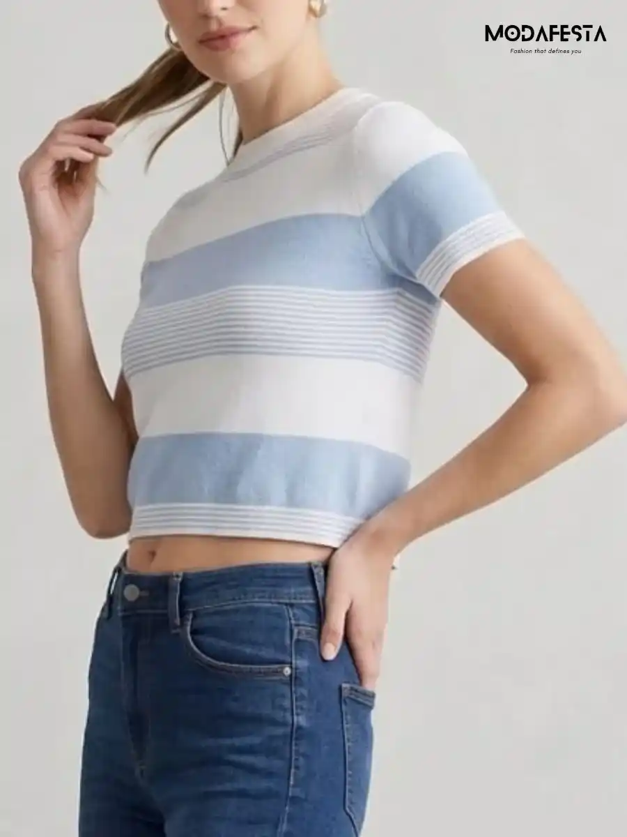 ModaFesta -elegant-blue-and-white-striped-crop-t-shirt